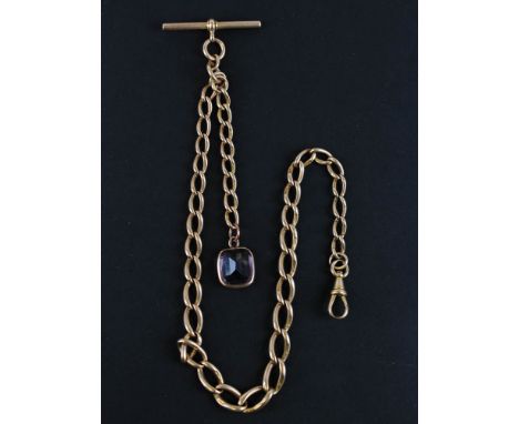 15ct Gold Albert Chain with T Bar and a Amethyst pendant 17 inches length weight 52 grams