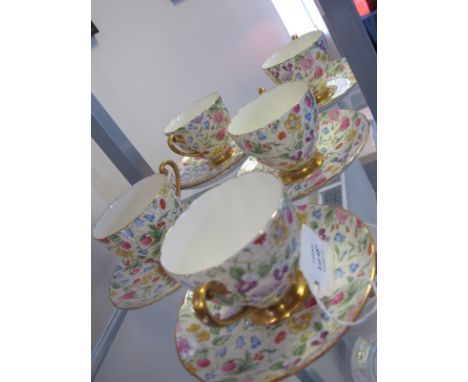 Shelley tea cups and saucers, countryside pattern, 6 tea cups and saucers (1 cup broken)