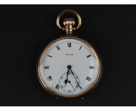 George V Rolex 9 carat gold open face pocket watch, Birmingham 1925, white enamel dial with black roman numerals, bordered by