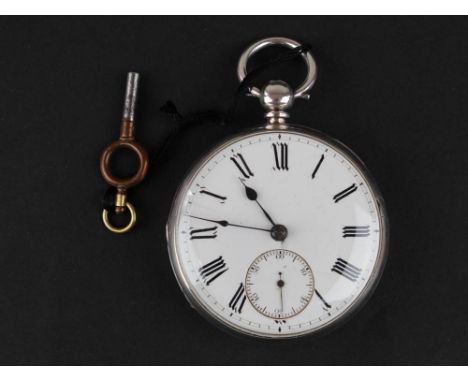 Silver open face pocket watch, white enamel dial with black Roman numerals and second hand