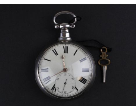 Silver pair case pocket watch by John Moncas Liverpool, White enamel dial with Roman numerals and second hand