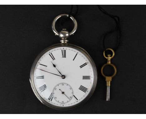 Gents Fine Silver open face pocket watch,white enamel dial with black Roman numerals and a second hand