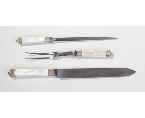Three piece carving set by Lockwood Brothers, Sheffield, each having mother of pearl handles, with silver plated mounts embos