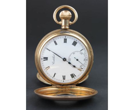 Cortebert Gold plated Half hunter pocket watch, the outer case with black enamel dial, opening to reveal, white enamel dial w