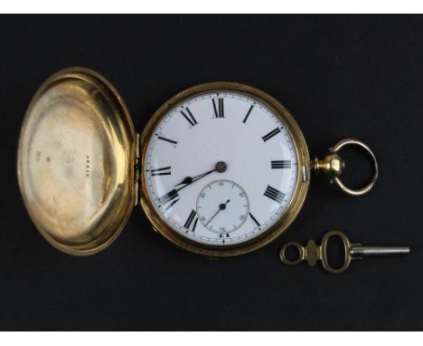 18ct gold full hunter pocket watch, the outer case opening to reveal, white enamel dial with black Roman numerals, bordered b