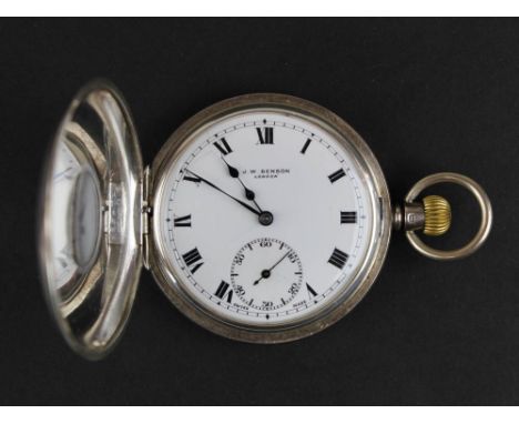 Silver Half Hunter pocket watch by J W Benson London,white enamel face with Roman numerals and second hand