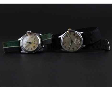 2 British Military wrist watches Unitas by Bravingtons and Unmarked, both white enamel dials,Arabic numerals with second hand