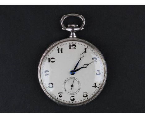 Silver Cyma open faced pocket watch, white enamel dial with Arabic numerals and a second hand