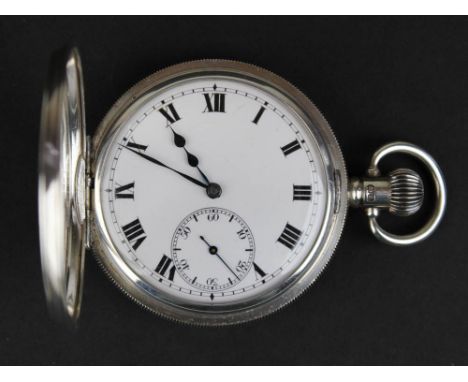 Silver Half Hunter pocket watch, white enamel dial with Roman numerals and a second hand