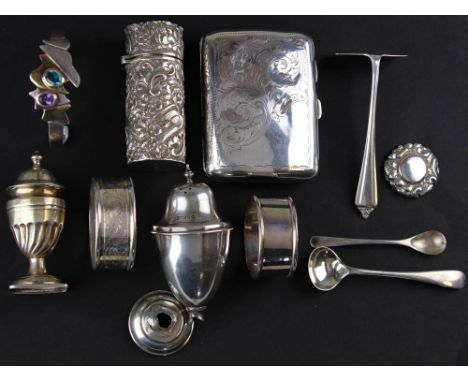 Mixed lot of Silver/White metal articles to include Cigarette case, Bangle, Pepper pots and Napkin Rings weight 11 oz approx.