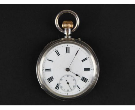 Gents Silver open face pocket watch,white enamel dial with black Roman numerals and second hand