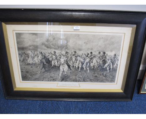 Black and white print 'Scotland Forever, The Charge of the Scots Greys at Waterloo', after original painting by Lady Butler, 