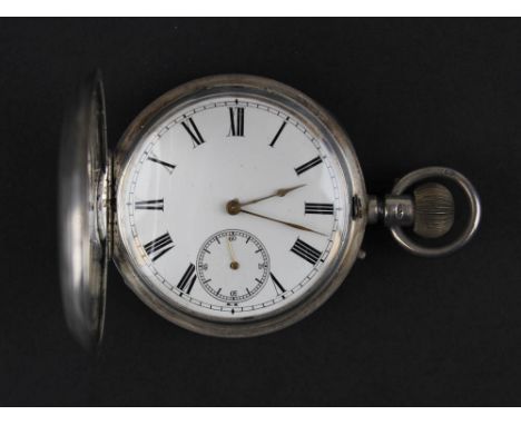 Gents Silver Hunter pocket watch,white enamel dial with black Roman numerals and a second hand 