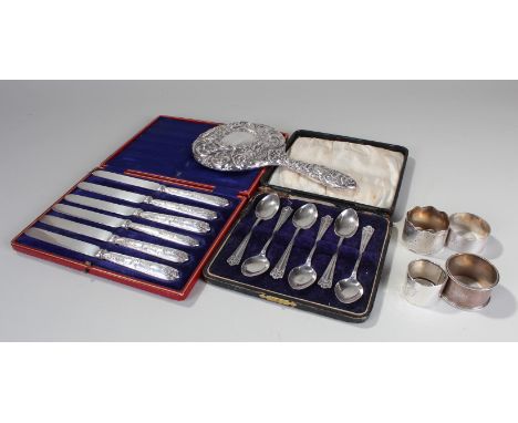 Mixed silver to include a cased set of Edwardian silver handled knives, Sheffield 1809, together with, set of six silver Geor