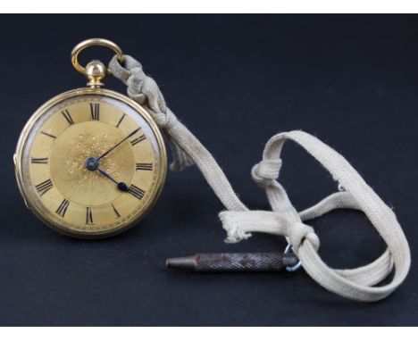 18 carat gold open face pocket watch, the gilt dial with black roman numerals, surrounded by a minute track, blued steel hand