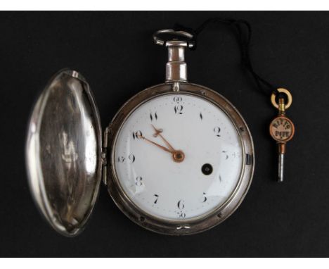 Silver pair cased pocket watch by Allam and Caithnefs London, white enamel dial with black Arabic numerals and gilt hands