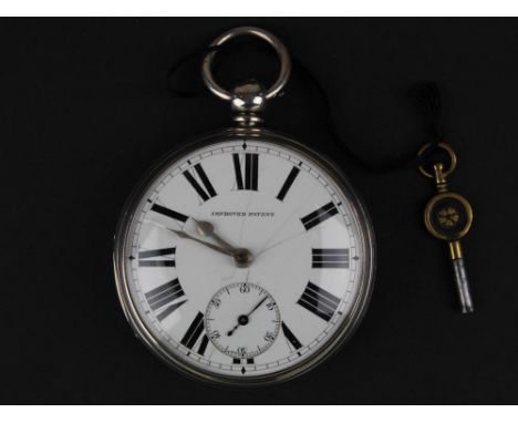 Silver open faced pocket watch Improved Patent, enamel (slightly damaged) dial with large black Roman numerals 