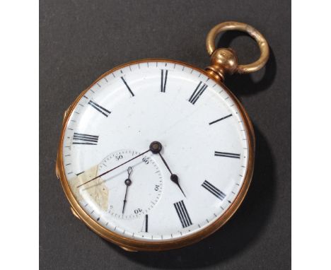 18 carat gold open face pocket watch, the white enamel dial applied with black roman numerals, bordered by a minute track, su