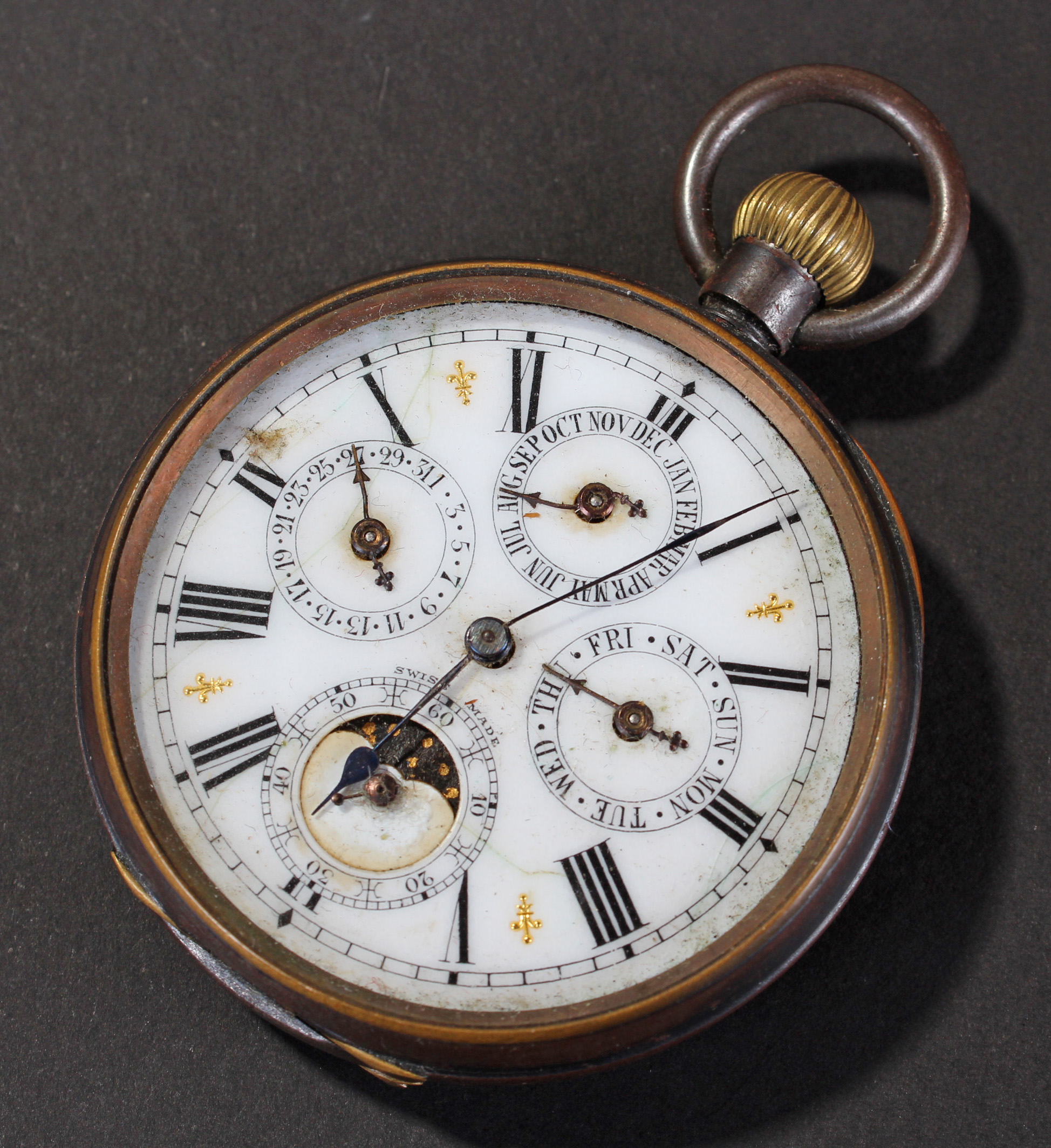 Swiss made open face Moon phase pocket watch with further dials for Day