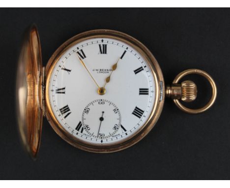 9 carat gold half hunter pocket watch, J.W. Benson, the outer case with black enamel dial, opening to reveal, white enamel di