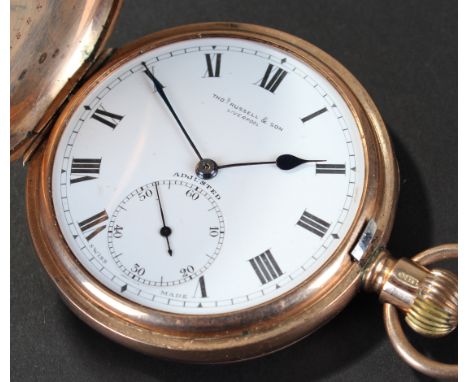 9ct full hunter pocket watch by Thos Russell & Son Liverpool white enamel face with Roman numerals and a second hand, weight 