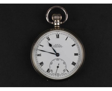 Silver open faced Kay's Keyless Triumph pocket watch, white enamel dial with Roman numerals and second hand