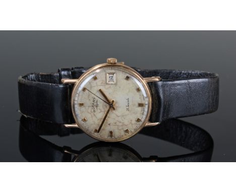Gents 9ct gold cased Rotary wristwatch with leather strap, engraved on the back