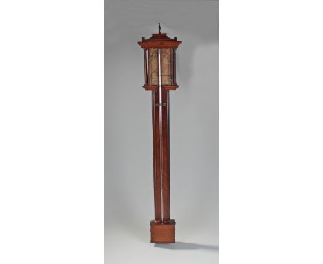 George III mahogany stick barometer, the urn finial top above a paper dial and long trunk with hidden reservoir, 100cm high