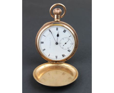 Gold plated full hunter pocket watch, Thos Russell & Son Liverpool, the outer case opening to reveal, white enamel dial havin