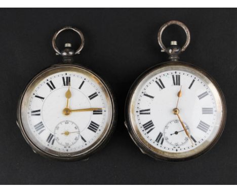 Two Silver open face pocket watches, both with white enamel faces with Roman numerals and second hands