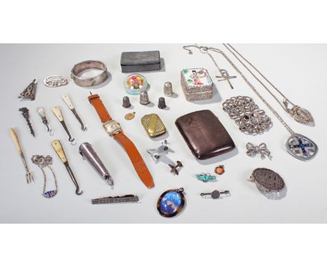 Mixed silver and white metal items to include George V silver cigarette case, Birmingham 1928, together with, silver bangle, 