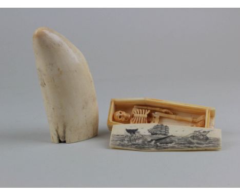 19th Century scrimshaw whales tooth box, in the form of a coffin, the hinged lid depicting a hunting scene, opening to reveal