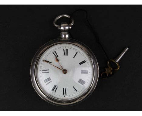 Silver pair case pocket watch by Jas. Banks of London, white enamel dial with Roman numerals slight enamel flake to bottom of