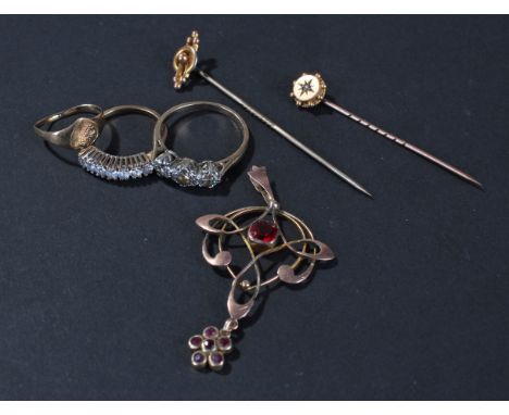 Mixed lot of 9ct rings, stick pins, and drop pendant weight 9.1 grams
