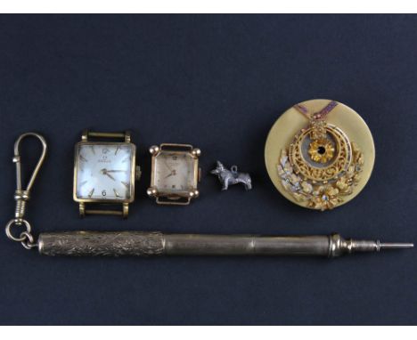 Mixed lot of Jewellery: Yellow metal brooch with missing central stone, propelling pencil, Omega and Universal gold watches n