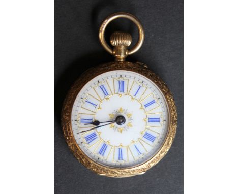 Ladies 18ct gold fob watch, white enamel face with blue roman numerals surrounded by a gold pattern, the outer case ornately 