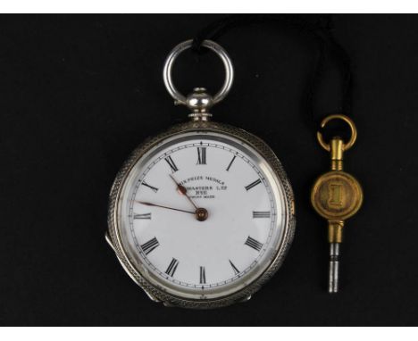 0.935 Silver Ladies open face pocket watch retailed by Masters of Rye,white enamel dial with Roman numerals