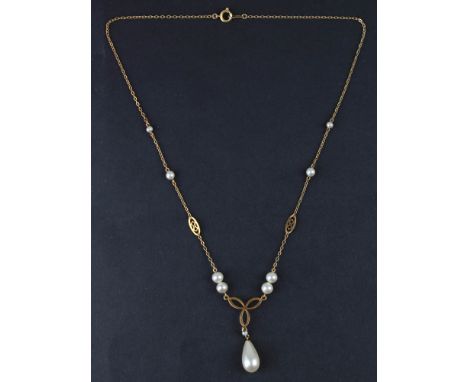 Ladies Yellow metal 9ct Pearl and drop Pearl necklace length 18 inches weight 4.4 grams