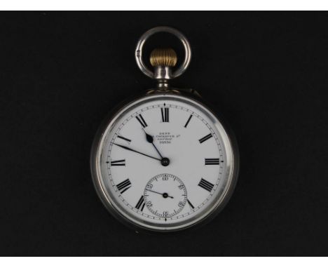 Silver open faced pocket watch by Dent,34 Cockspur St. London, white enamel dial with black Roman numerals
