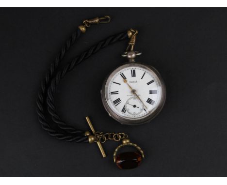 Gents Silver open face Pocket watch by Poole Middlesbro with twisted cord Albert chain,T bar and Stone swivel