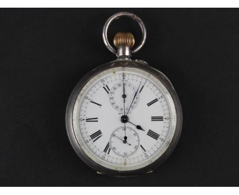 Asprey 0.935 Silver open face pocket watch with date and second hands, white enamel dial with black Roman numerals 