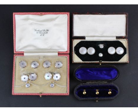 Lot of 3 cased cufflinks and studs in fitted cases variously marked on reverse 18ct & Pl. and set with mother of pearl