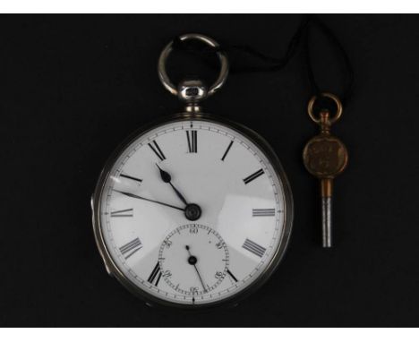 Silver open face pocket watch, white enamel face with Roman numerals and second hand