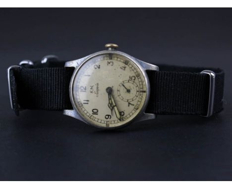 Nazi WW2 Kriegsmarine Wristwatch by Siegeren, white enamel face with Arabic numerals and second hand serial no. 117238
