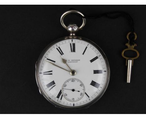 Silver open faced pocket watch by J.W. Benson London, white enamel dial with black Roman numerals