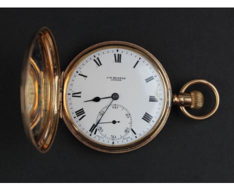 9 carat gold full hunter pocket watch, J.W. Benson, white enamel dial with black roman numerals, subsidiary dial, approx 48mm