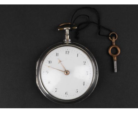 Silver pair case pocket watch by Henry Coulson Penzance, white enamel dial with Arabic numerals