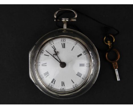 Silver pair case pocket watch by Jas. Fullam of London, white enamel dial with Roman numerals 