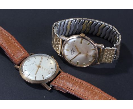 2 Gents 9ct Gold Wristwatches, Vertex Revue on a Leather strap and a Rotary on an expanding bracelet