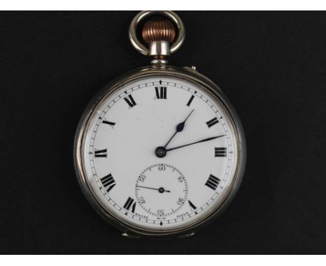 Silver open face Stylu pocket watch, white enamel dial with Roman numerals and second hand
